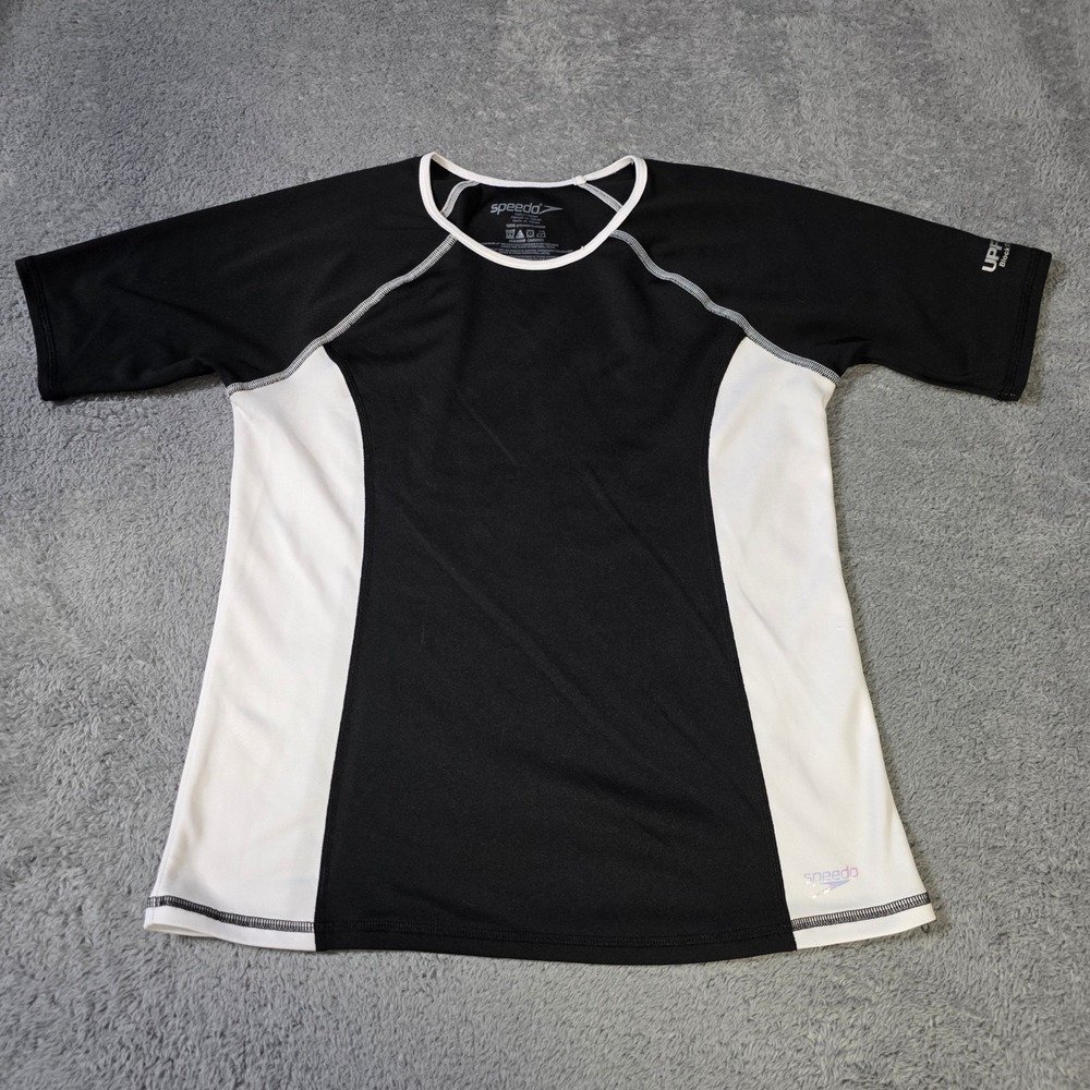 Speedo Mens M Rash Guard Black White UPF 50+ Short Sleeve Swim Shirt Slim Fit